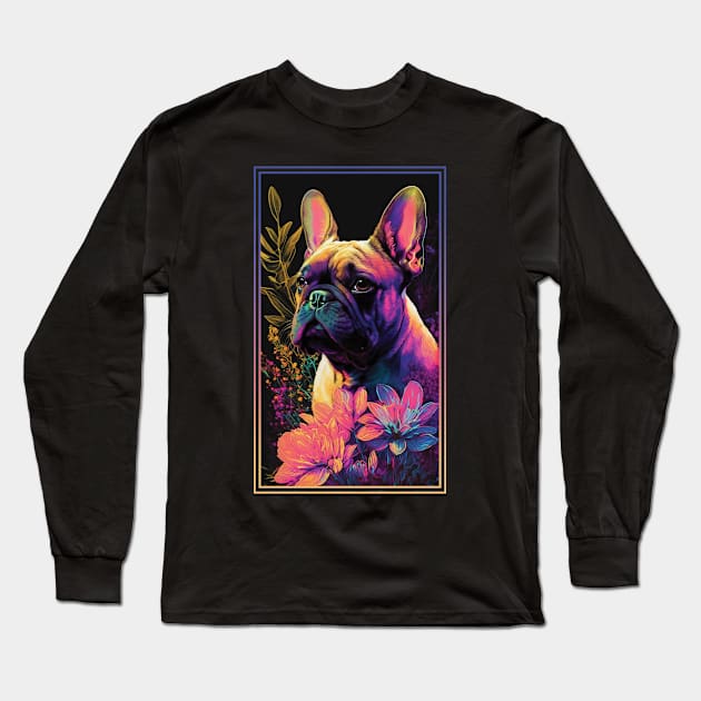 French Bulldog Dog Vibrant Tropical Flower Tall Digital Oil Painting Portrait Long Sleeve T-Shirt by ArtHouseFlunky